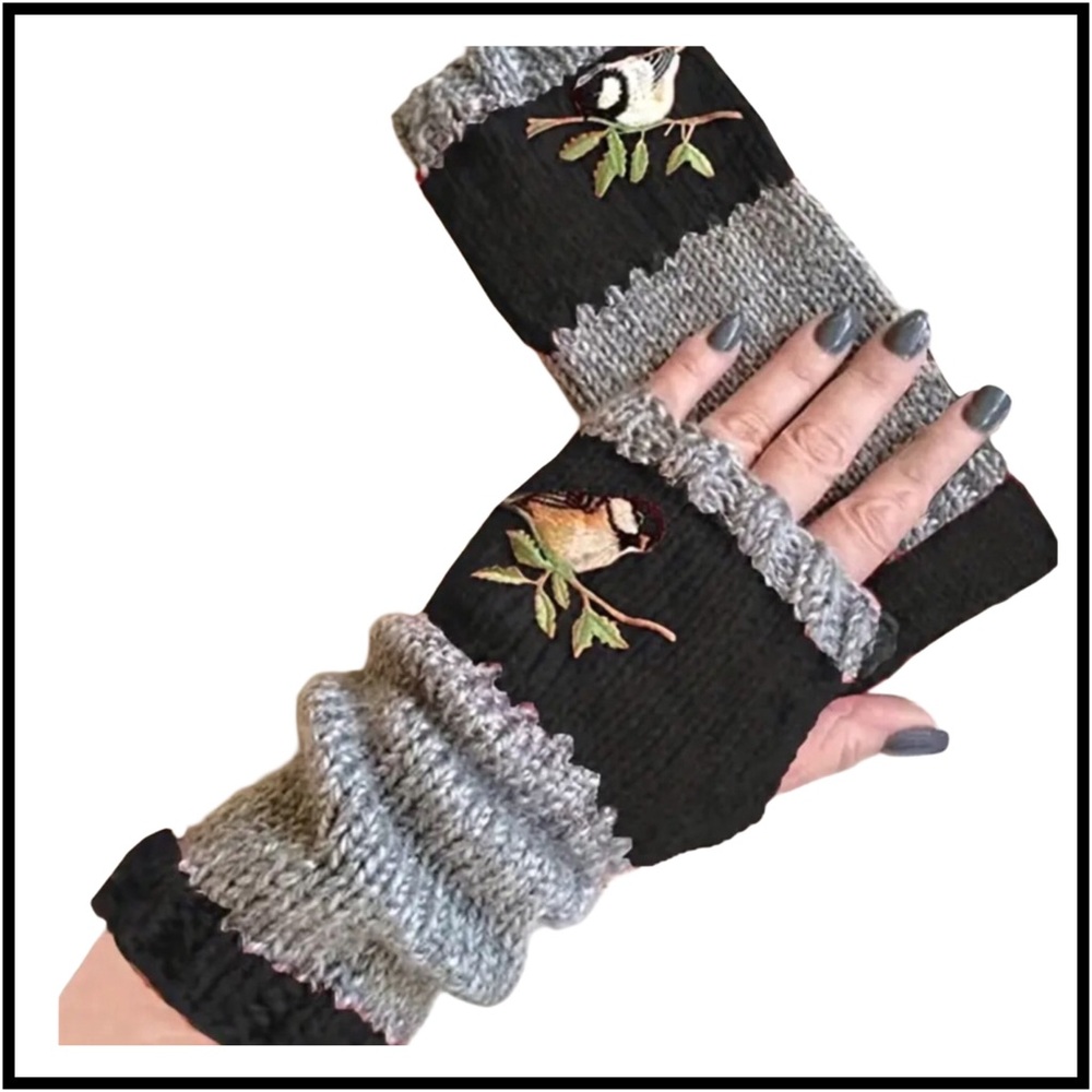 Long Fingerless Knitted Gloves Birds Black OS